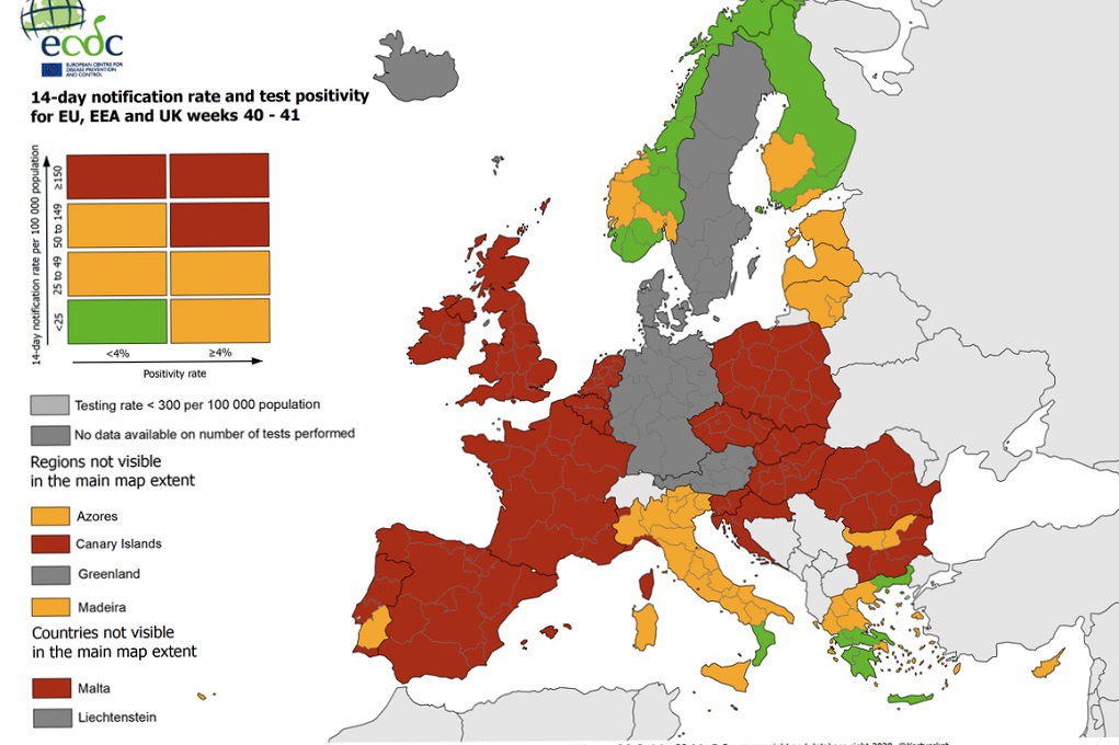 Xάρτης ECDC: Στο «κόκκινο» η Ευρώπη – «Πράσινη» εν μέρει η Ελλάδα